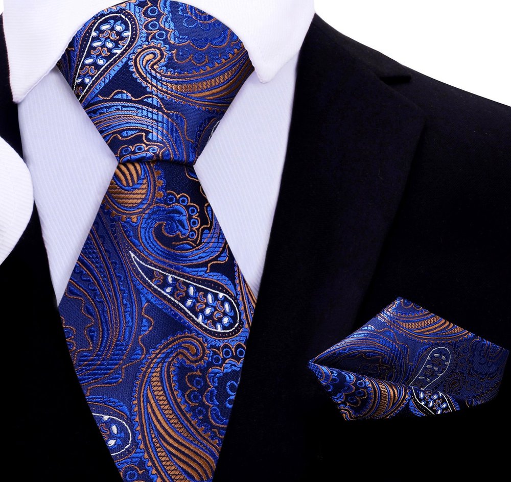 Elegant paisley silk necktie showcasing intricate blue, brown, and black patterns, ideal for formal wear.