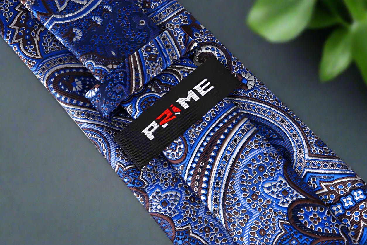 Silk paisley tie in blue and brown with intricate pattern for men