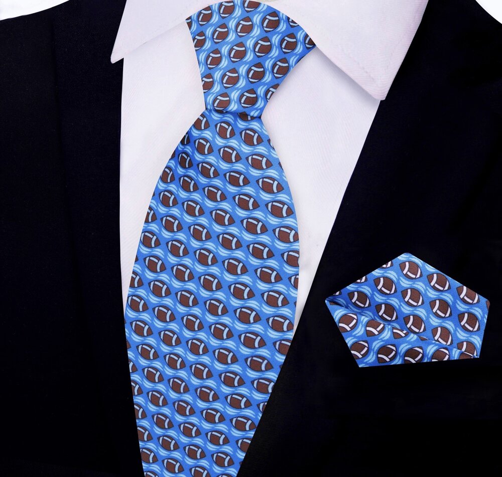 Fashionable blue necktie with football motifs, ideal for game day or casual office wear