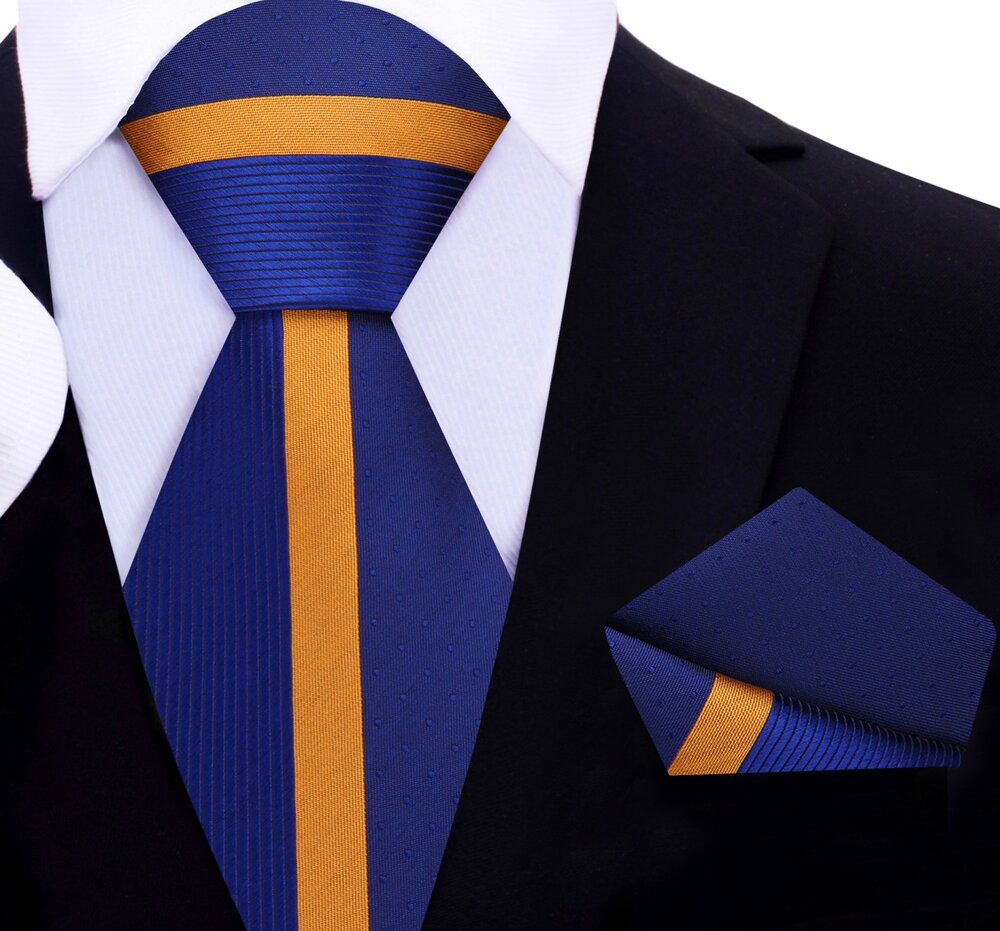 Blue with Dark Blue Center Stripe Silk Necktie laid out against a charcoal grey suit.
