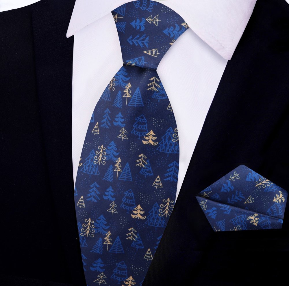 Close-up of the Christmas necktie showcasing the festive forest pattern