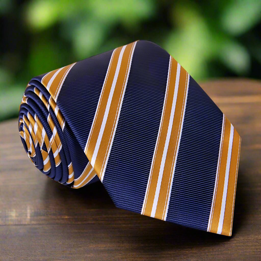 Close-up of yellow and white striped silk necktie on a mannequin