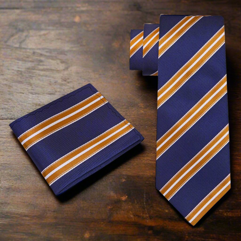 Matching pocket square with yellow and white stripes on a dress shirt