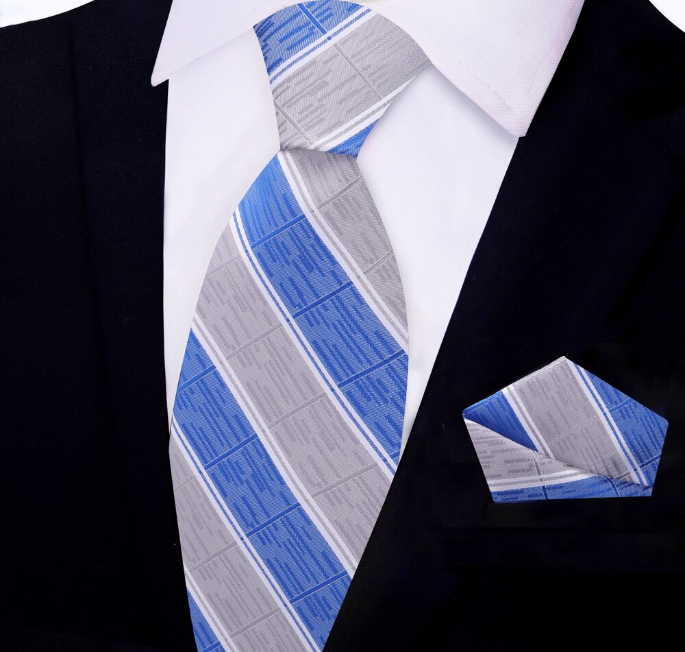 Front view of stylish stripe pattern silk tie in blue and grey for formal occasions
