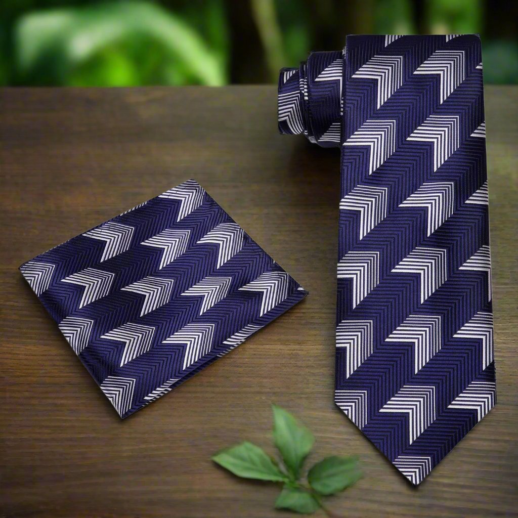 Dynamic Chevron Necktie in Red with Silver, displayed with a matching pocket square for a polished look.