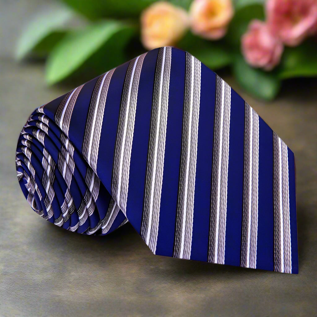Men's striped silk tie in blue with grey, suitable for formal occasions.