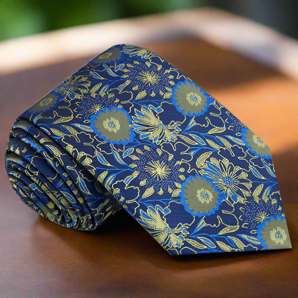 Silk floral necktie with blue and gold pattern, ideal for weddings