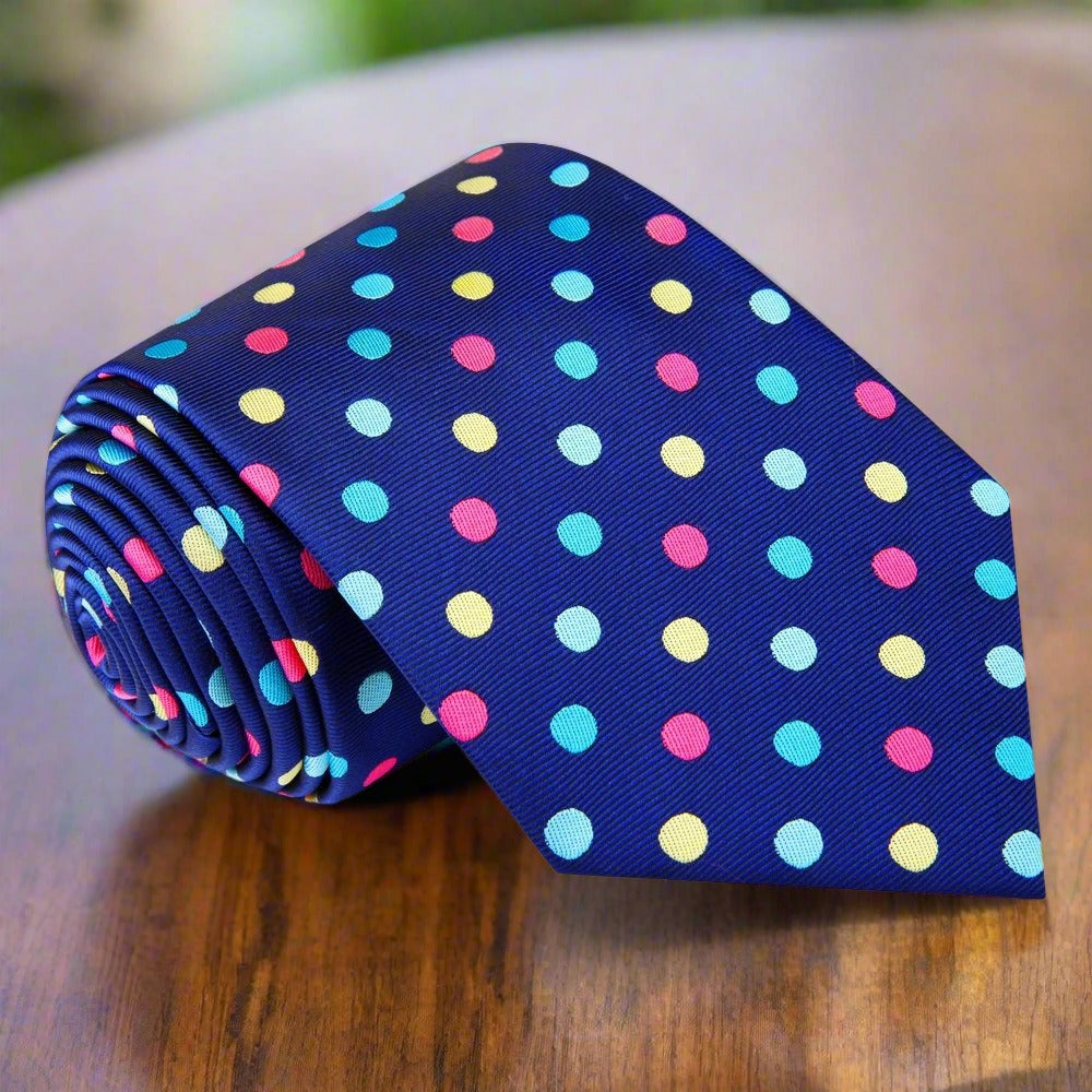 Close-up of the elegant polka dot silk necktie, showcasing the vibrant multi-color pattern for formal events.