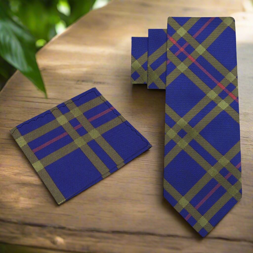 Necktie and pocket square set styled with a navy suit, demonstrating a sophisticated look.