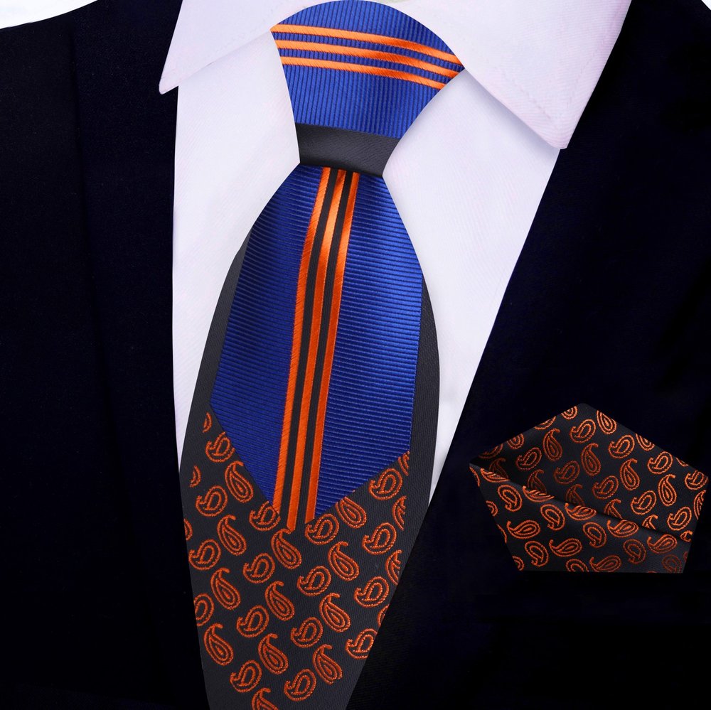 Close-up of a silk tie and pocket square set in paisley pattern