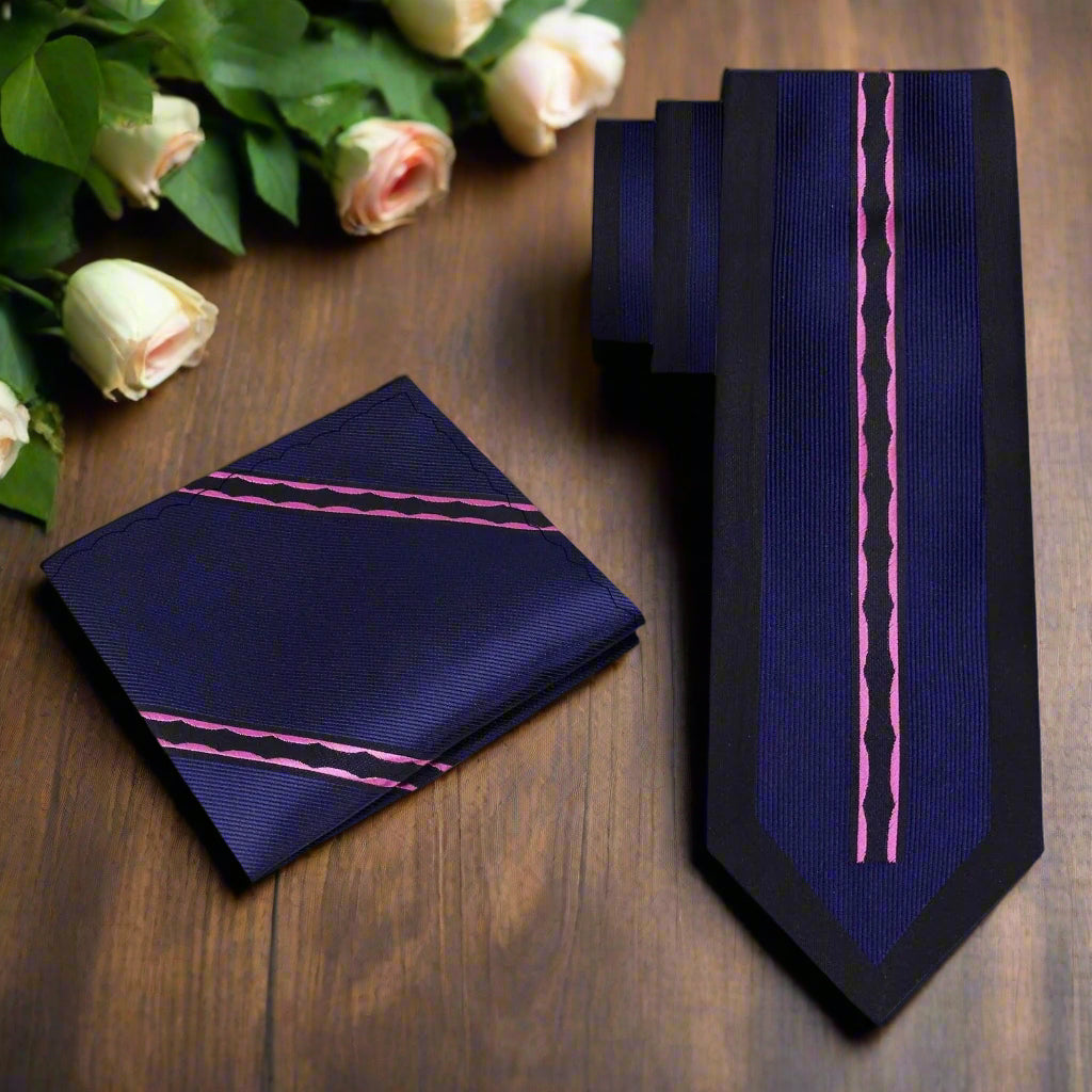 Close-up of the silk tie with wavy lines in dark blue, black, and pink, perfect for formal wear