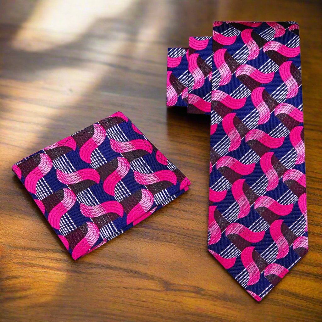 Blue and pink abstract necktie paired with a crisp white dress shirt for a stylish look.