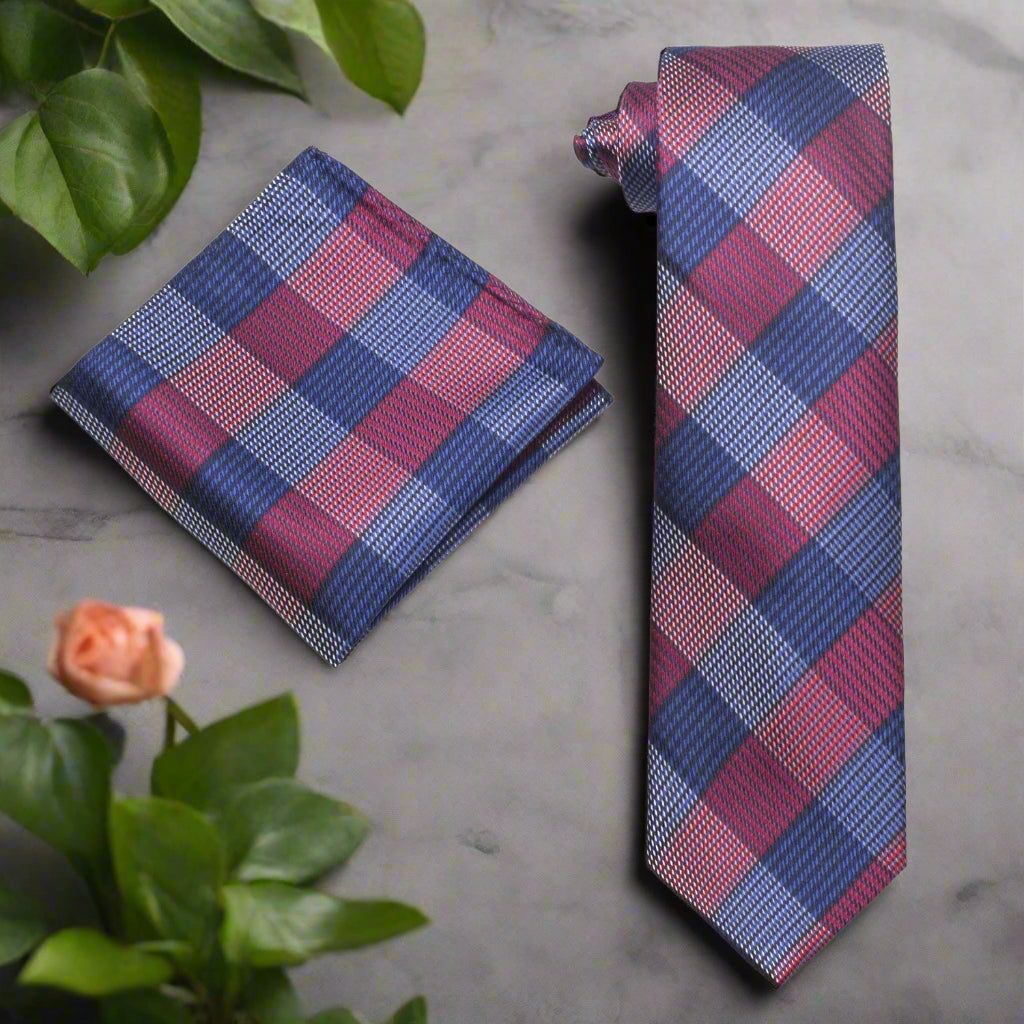 Fashionable mens plaid necktie displayed on a hanger, showcasing vibrant color options