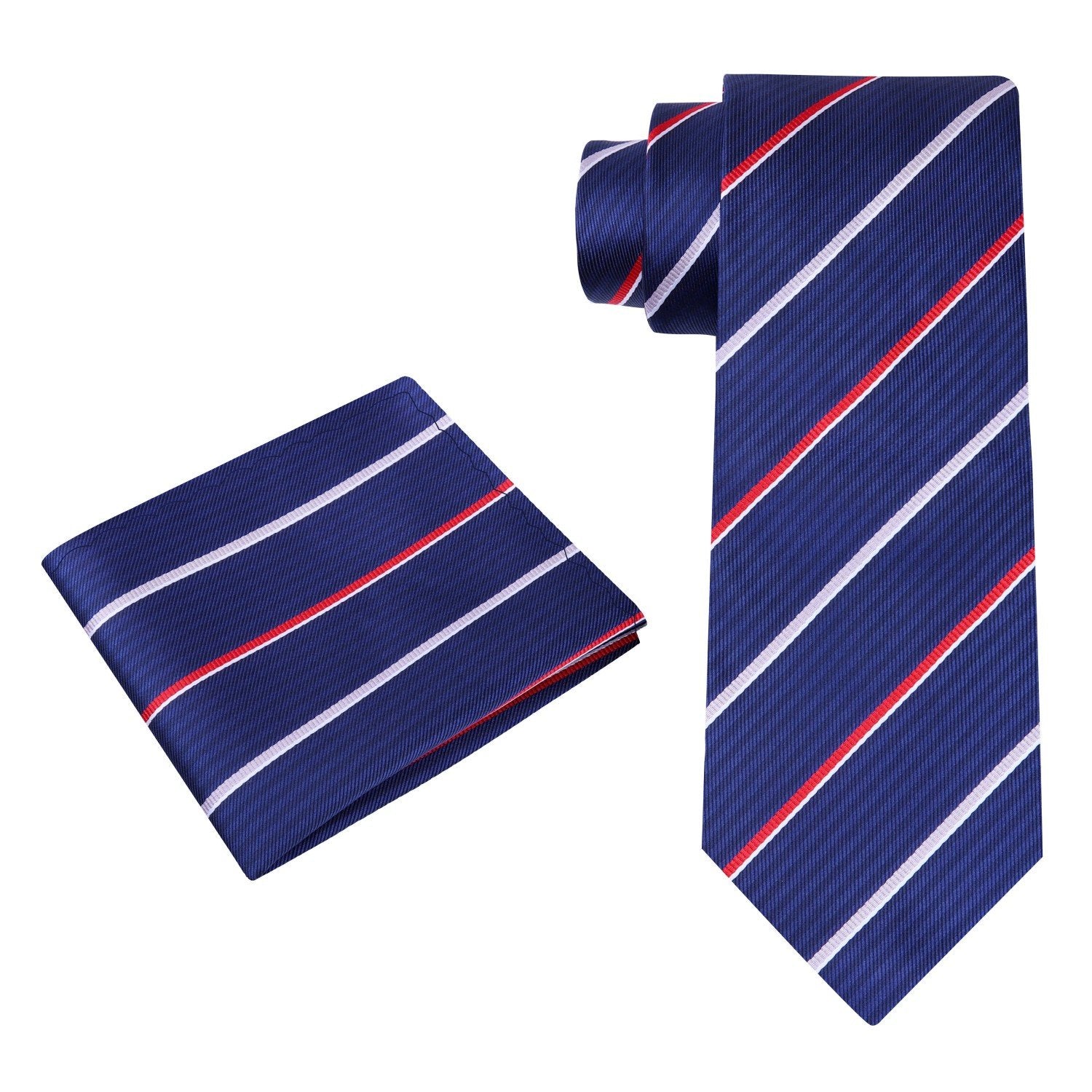 Elegant grey necktie with blue stripes displayed on a crisp white shirt