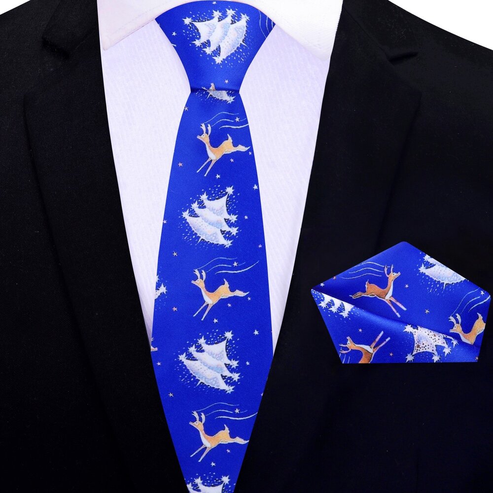 Close-up of festive reindeer silk necktie with jumping reindeer pattern for holiday celebrations