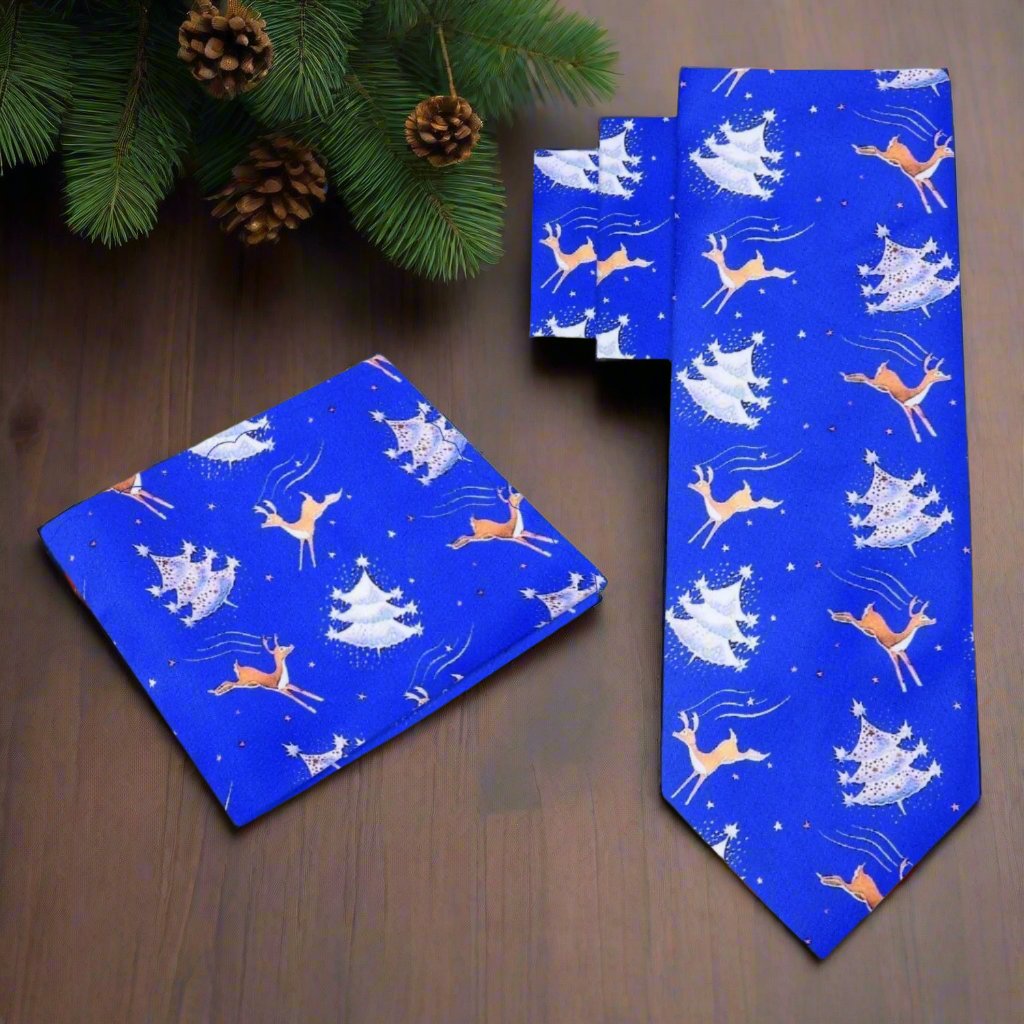 Silk reindeer necktie styled with a white dress shirt for Christmas dinner