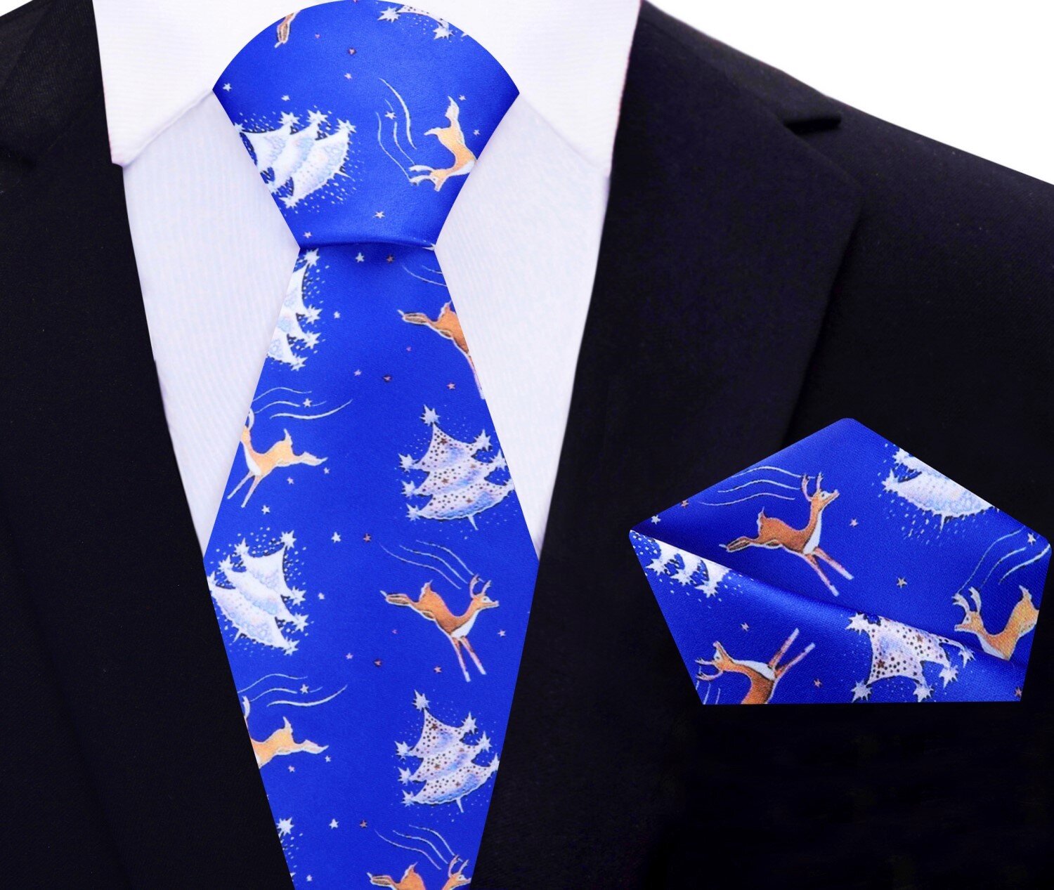 Silk reindeer necktie styled with a white dress shirt for Christmas dinner