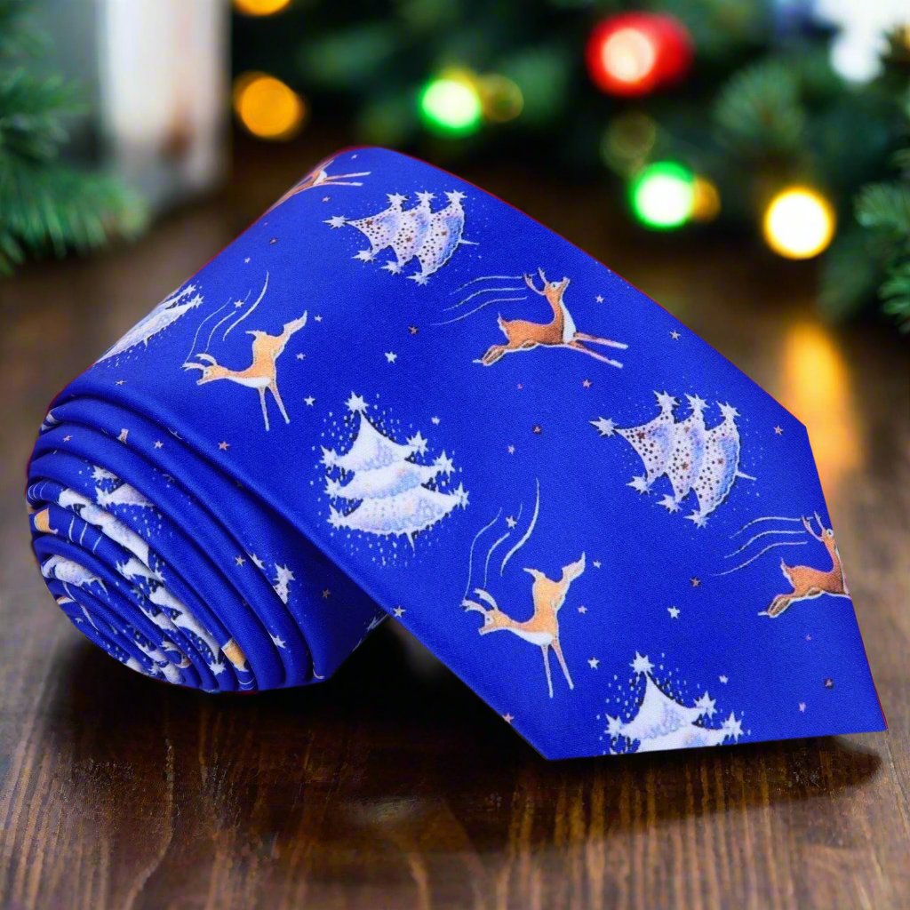 Close-up of festive reindeer silk necktie with jumping reindeer pattern for holiday celebrations