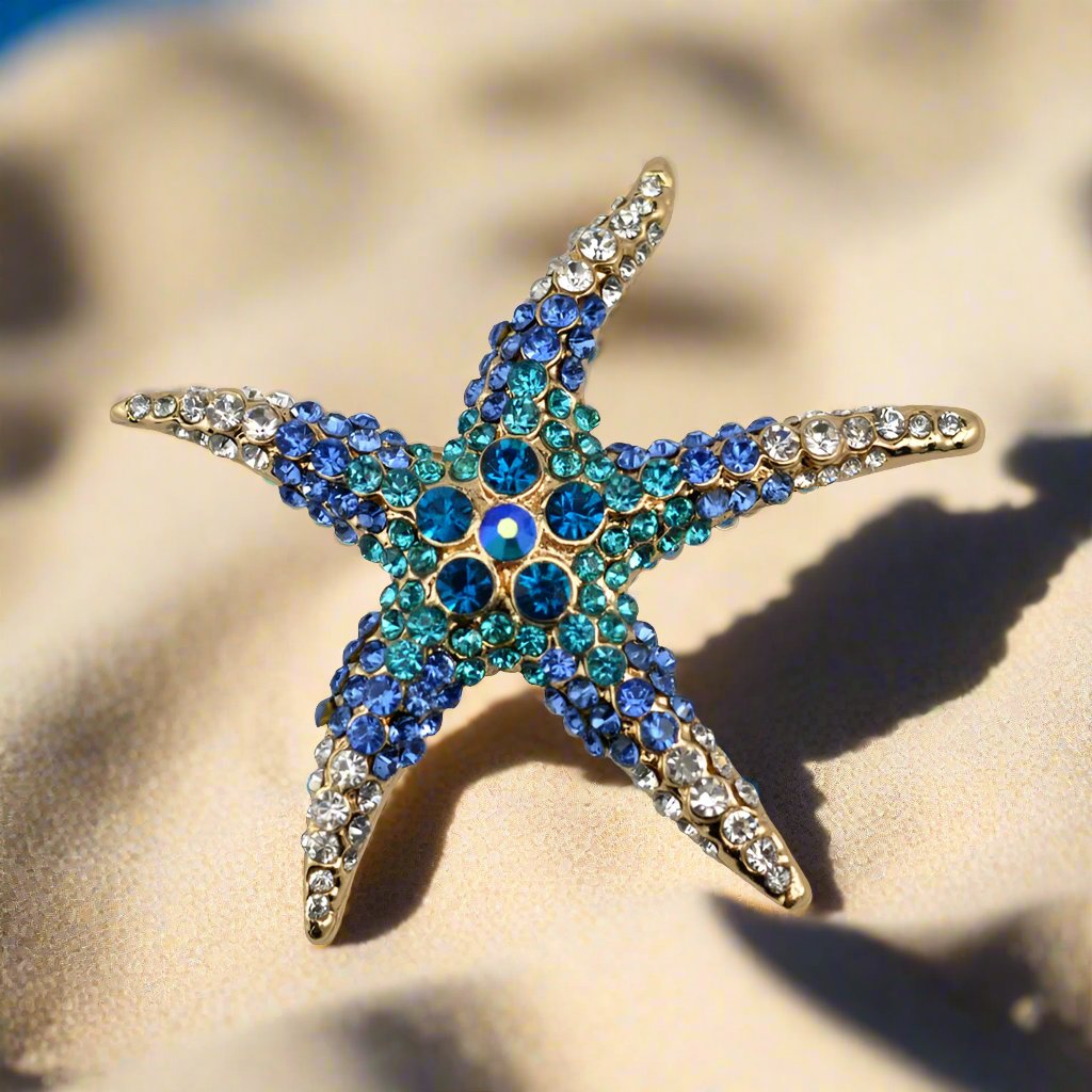 Close-up of the starfish lapel pin in blue, styled on a white dress shirt for a crisp summer look.