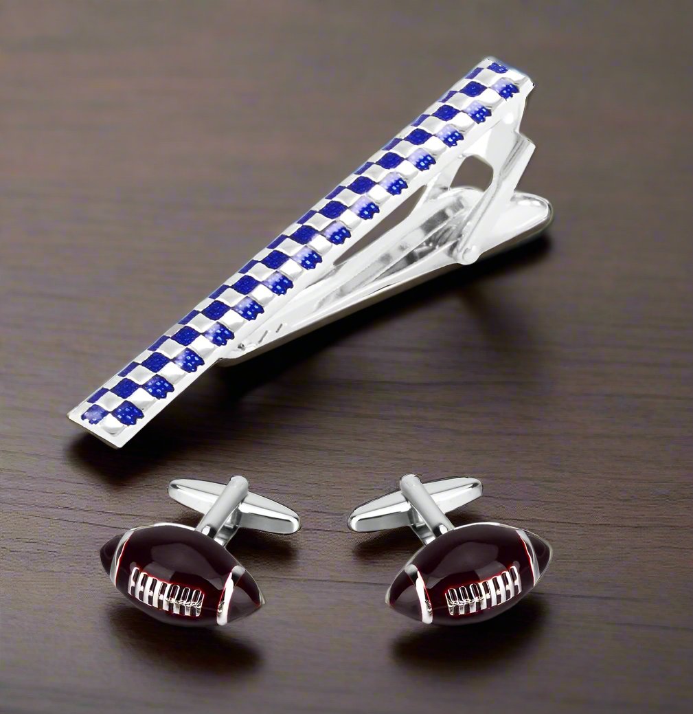 Man wearing football cufflinks and a mens tie bar with football design, stylish for sports events