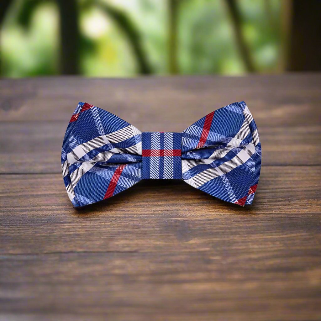 Model wearing the Blue, White, and Red Plaid Bow Tie at a wedding, paired with a navy suit.