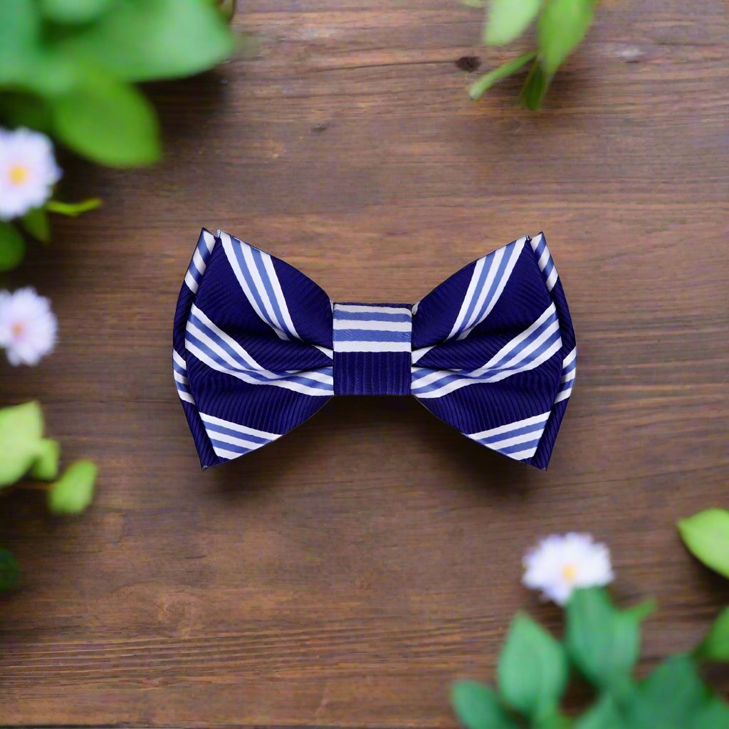 Mens nautical bow tie with white and light blue stripes, suitable for wedding attire