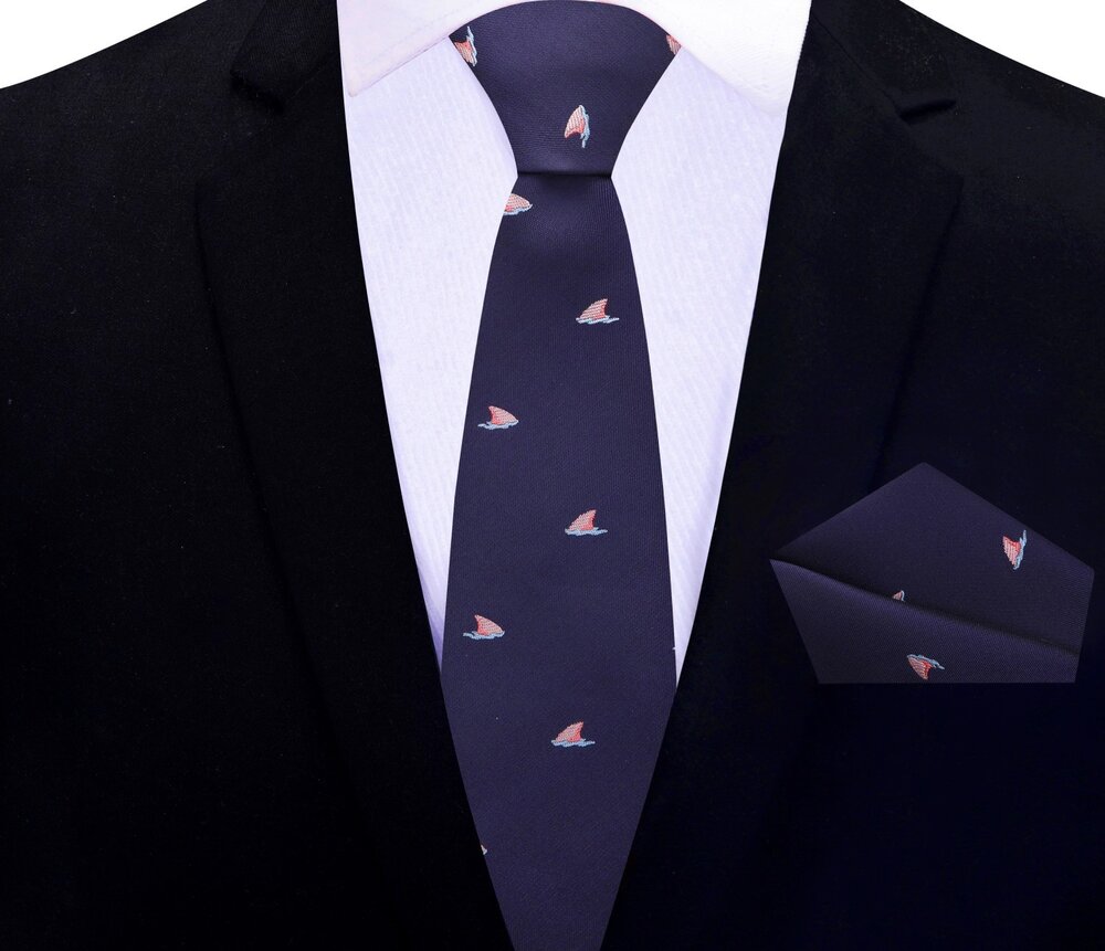 Close-up view of shark fins necktie showcasing vibrant colors against a dark background.