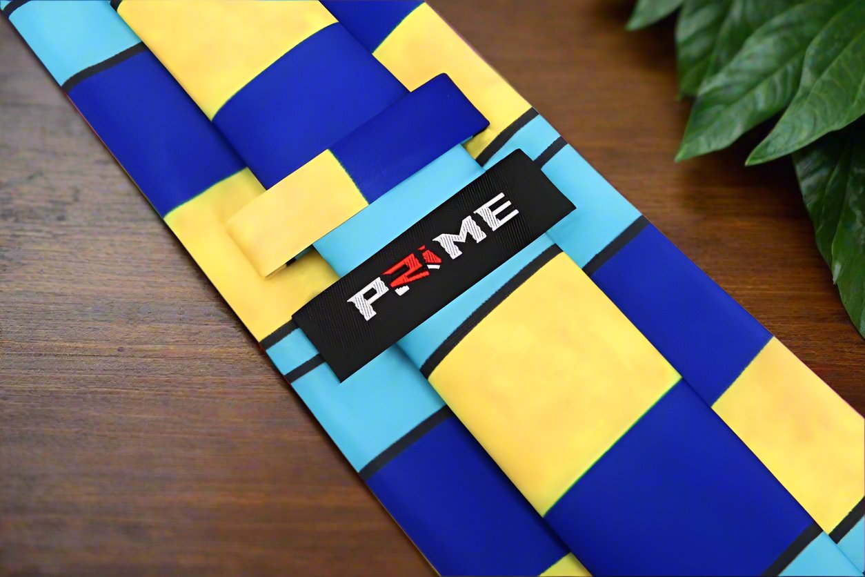 Elegant silk tie and pocket square set displayed on a wooden surface, showcasing the intricate stripe pattern.