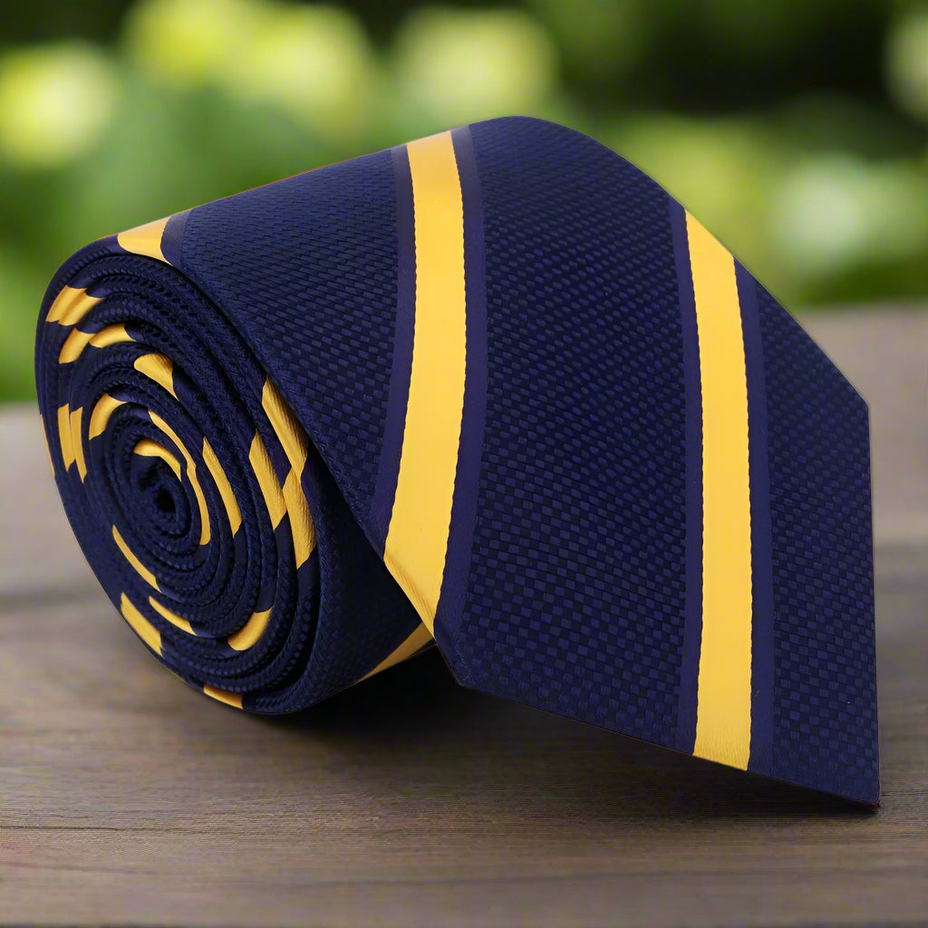Close-up of men's stripe tie in navy blue and yellow, suitable for business wear