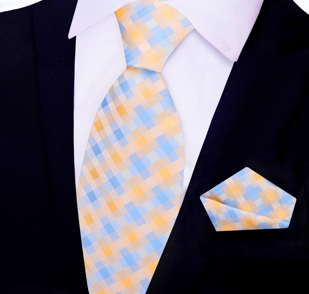 Silk necktie with contemporary plaid design displayed on a hanger for sale