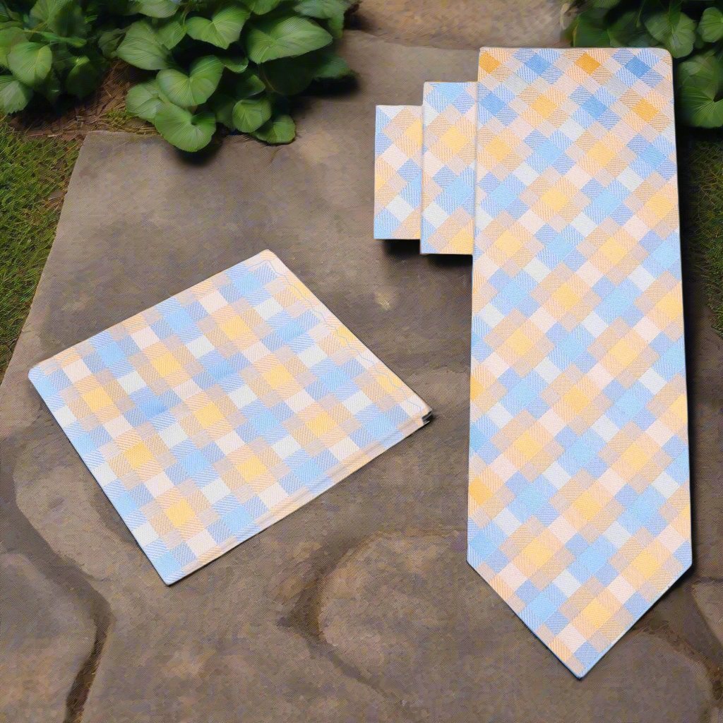 Silk necktie with contemporary plaid design displayed on a hanger for sale