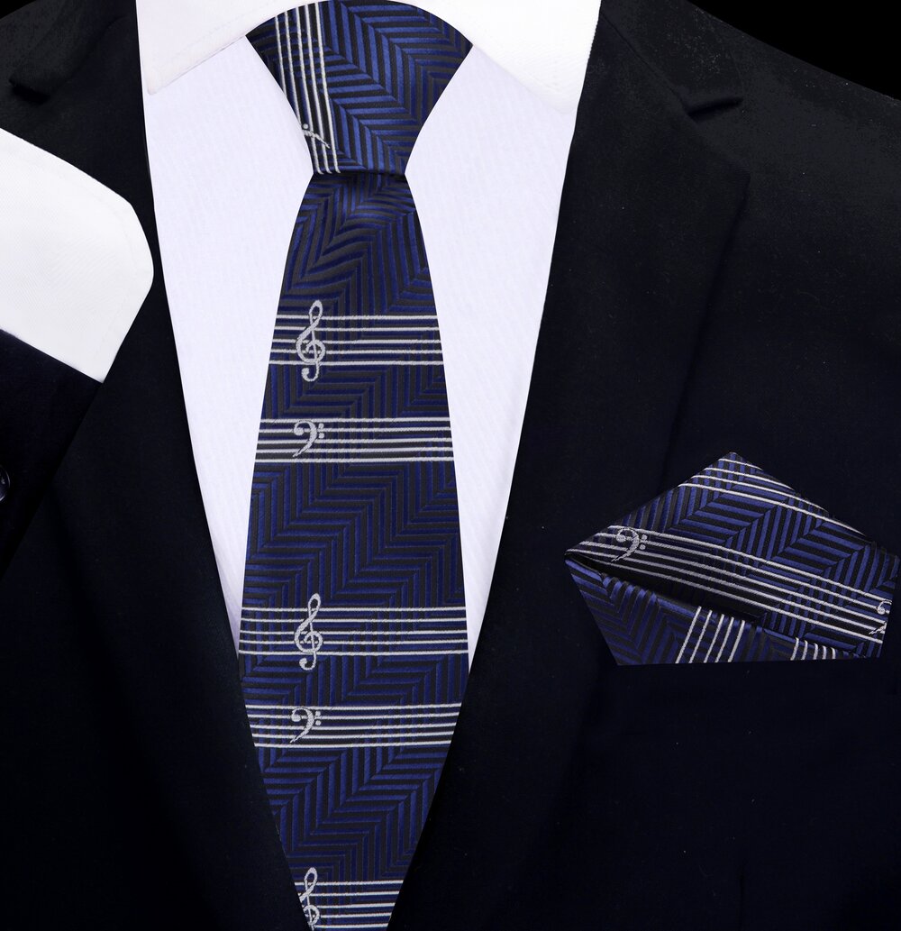 Close-up of Melodic Harmony Music Necktie showcasing intricate sheet music pattern.