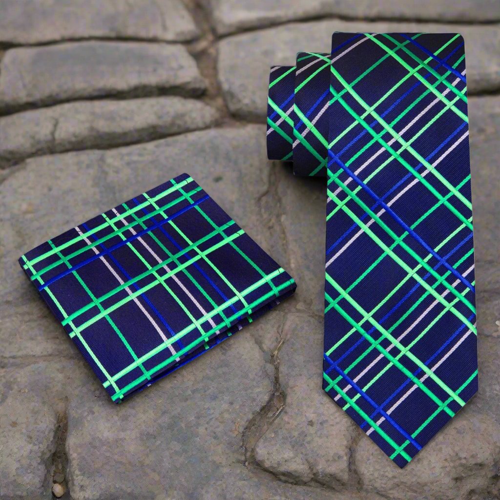 Close-up of Legion plaid silk necktie in blue and green shades, showing the detailed pattern