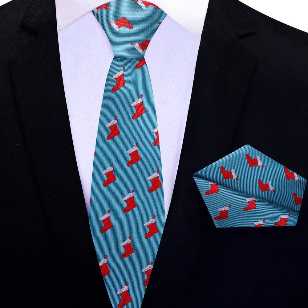 Full view of the Christmas stockings necktie and pocket square set.