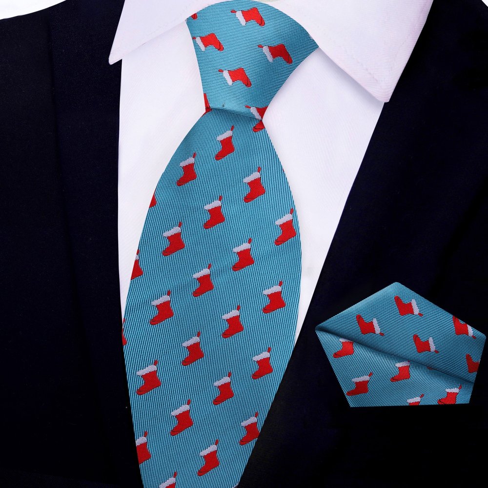 Christmas stockings pocket square displayed with a navy suit.