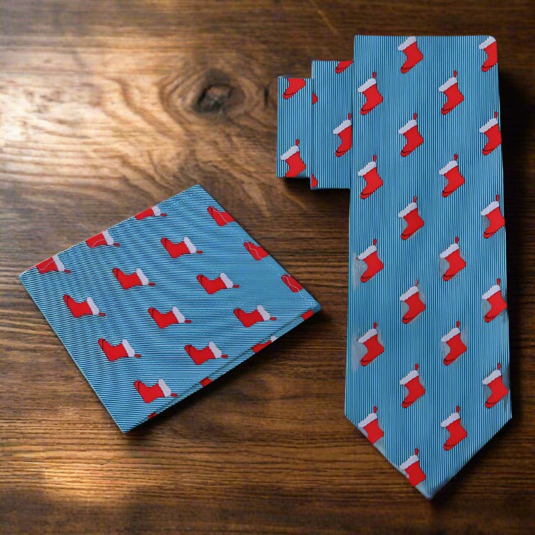 Close-up of Christmas stockings necktie with vibrant colors.