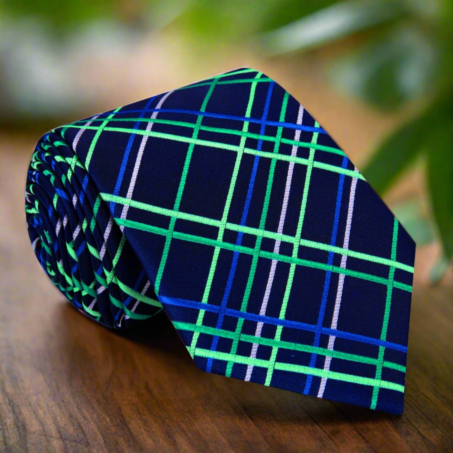 Close-up of Legion plaid silk necktie in blue and green shades, showing the detailed pattern