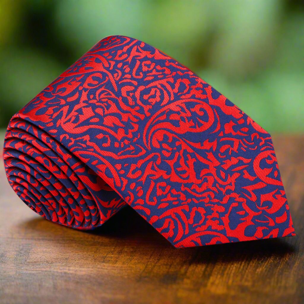 Elegant paisley silk tie in red and navy for weddings and formal events
