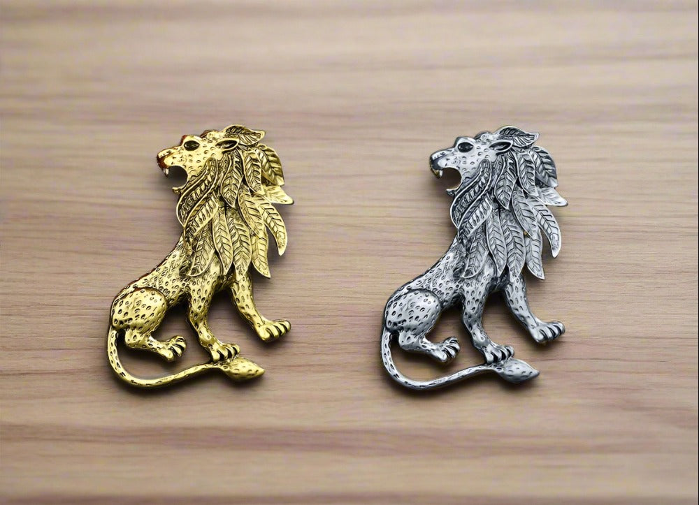 Close-up of a roaring lion lapel pin highlighting craftsmanship and style