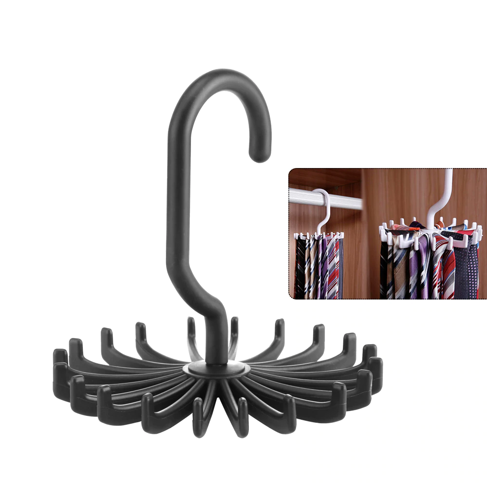 Compact tie storage rack with 360-degree swivel hook for easy access