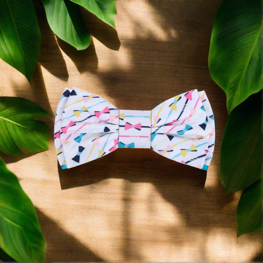 Silk bow tie featuring multicolored pattern, perfect for stylish dress accessories and semi-formal events