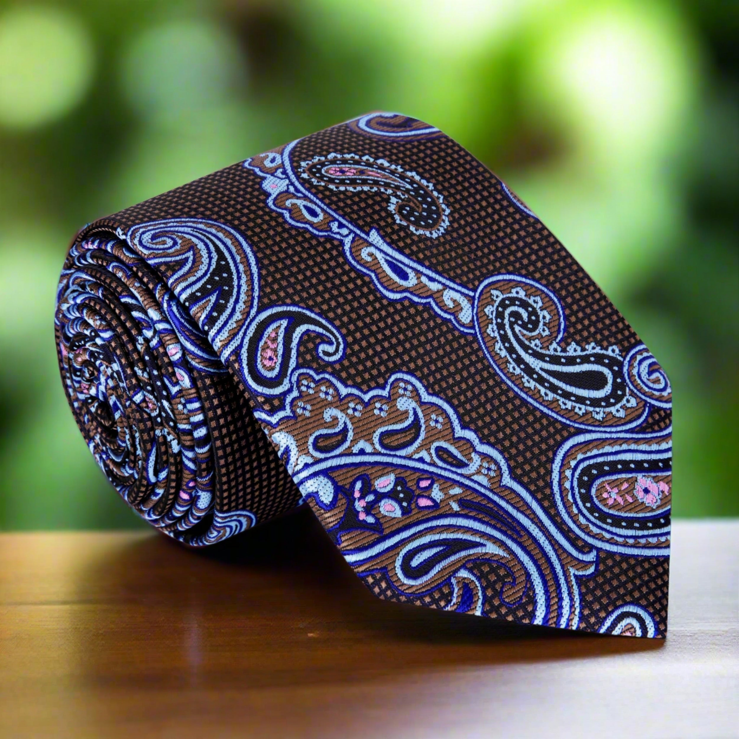 Elegant silk paisley men's tie in brown and pink for weddings