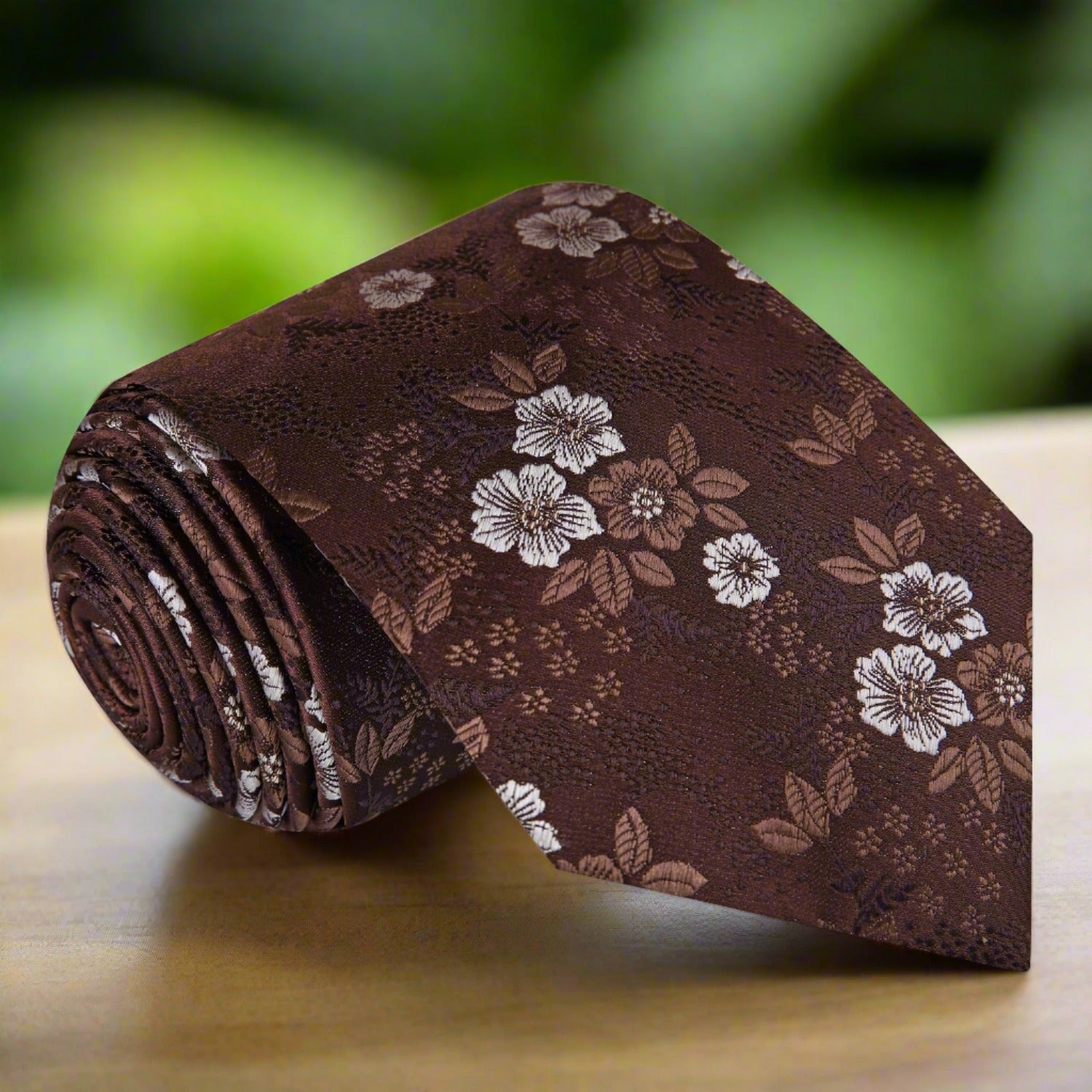 Elegant floral silk necktie with brown and white pattern for formal events
