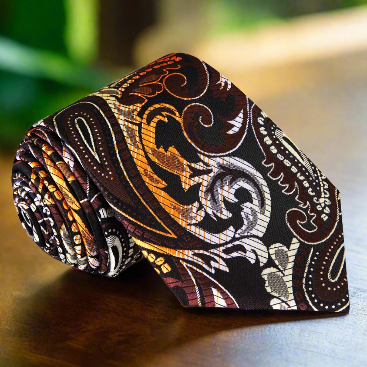 Elegant paisley silk tie showcasing intricate patterns in warm tones, ideal for weddings.
