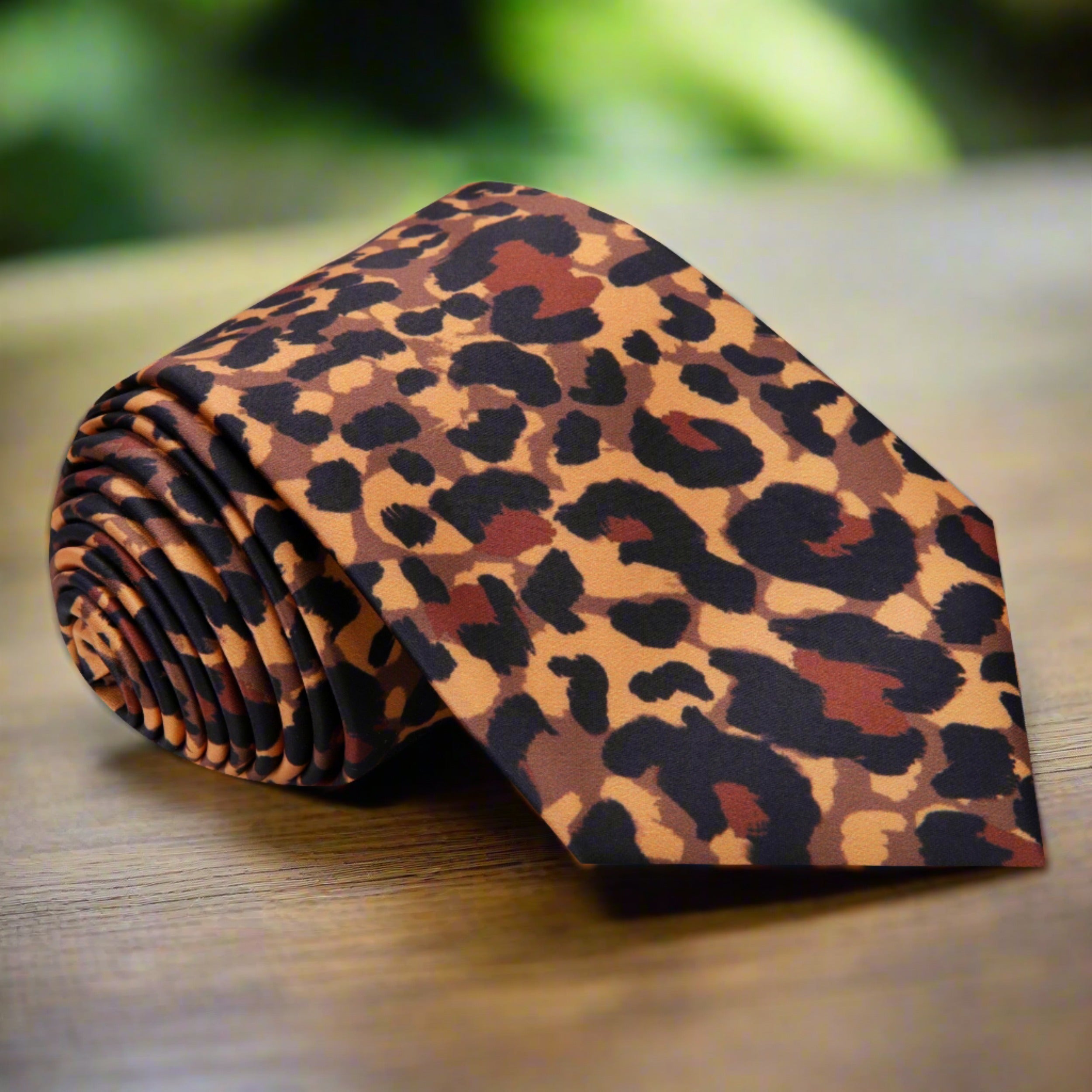 Close-up of a cheetah pattern silk tie for men in black and white