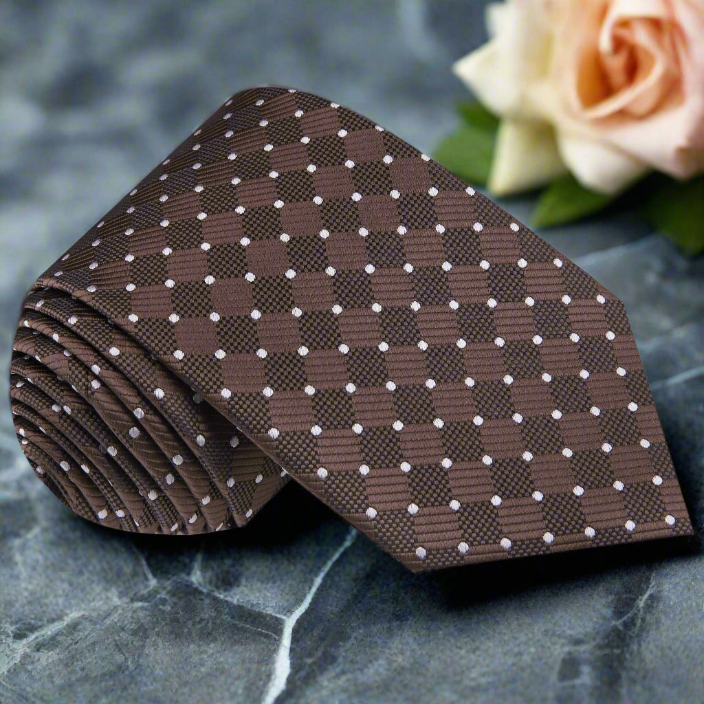 Men's dark brown silk tie with geometric pattern, front view