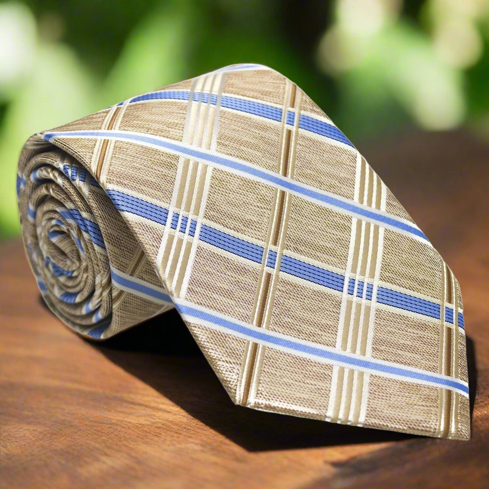 Elegant Grey and Lavender Silk Plaid Necktie displayed on a white background.