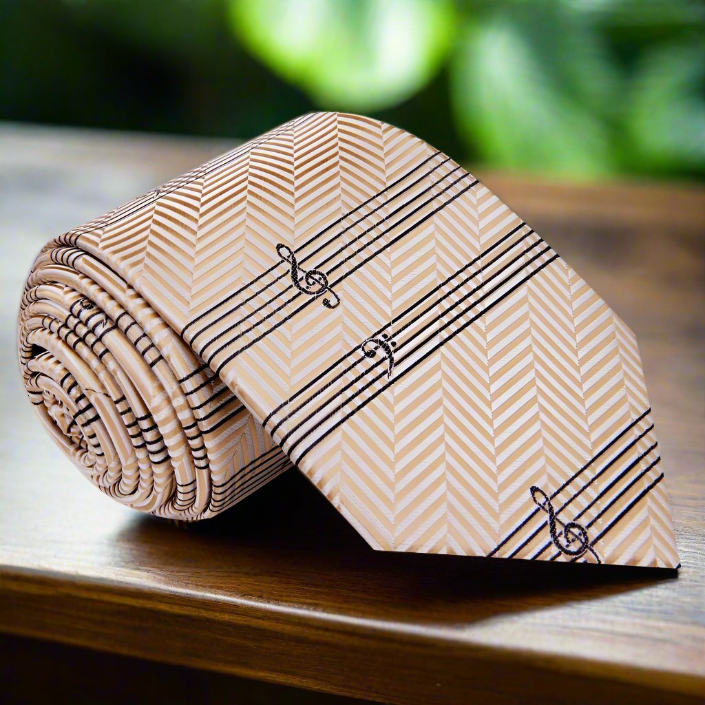 Close-up of a professional music note silk tie with intricate sheet music pattern