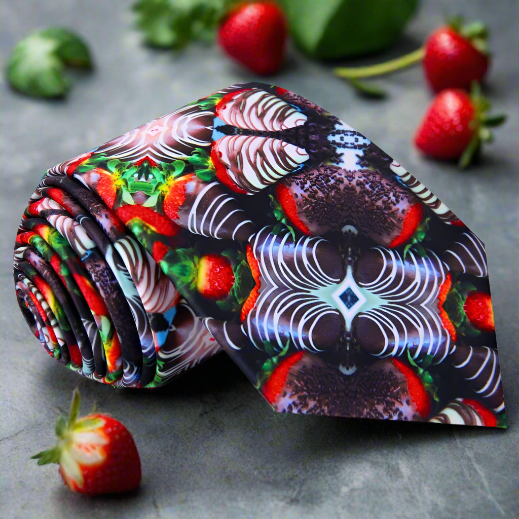 Chocolate-covered strawberries necktie displayed on a white background, highlighting its vibrant colors and playful design.