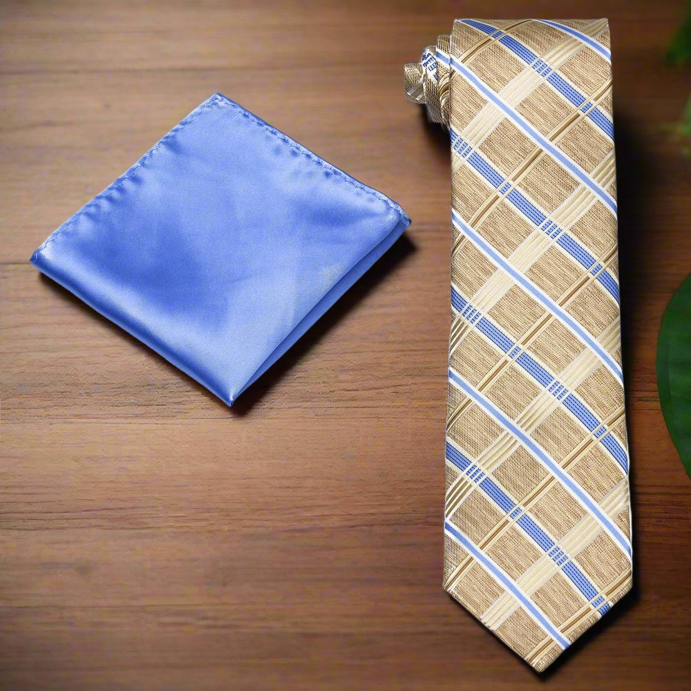 The necktie styled with a light blue dress shirt for a complete look.